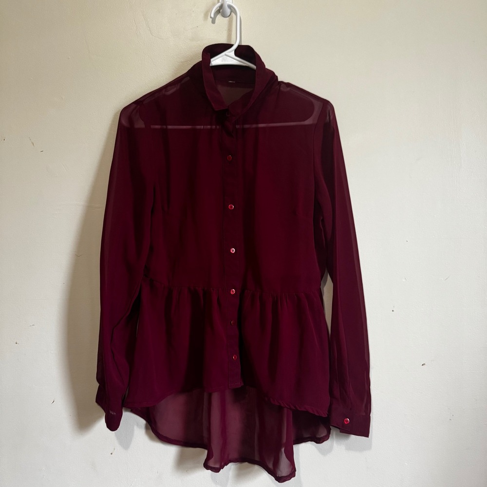 Burgundy Sheer Chiffon Peplum High Low Button Up Blouse Wine Maroon Long Sleeve